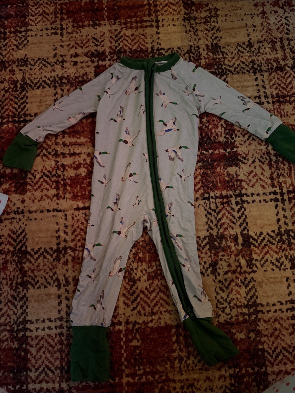 Kids Footed Zipper Pajamas in Light Gray with Green Trim and Duck Print